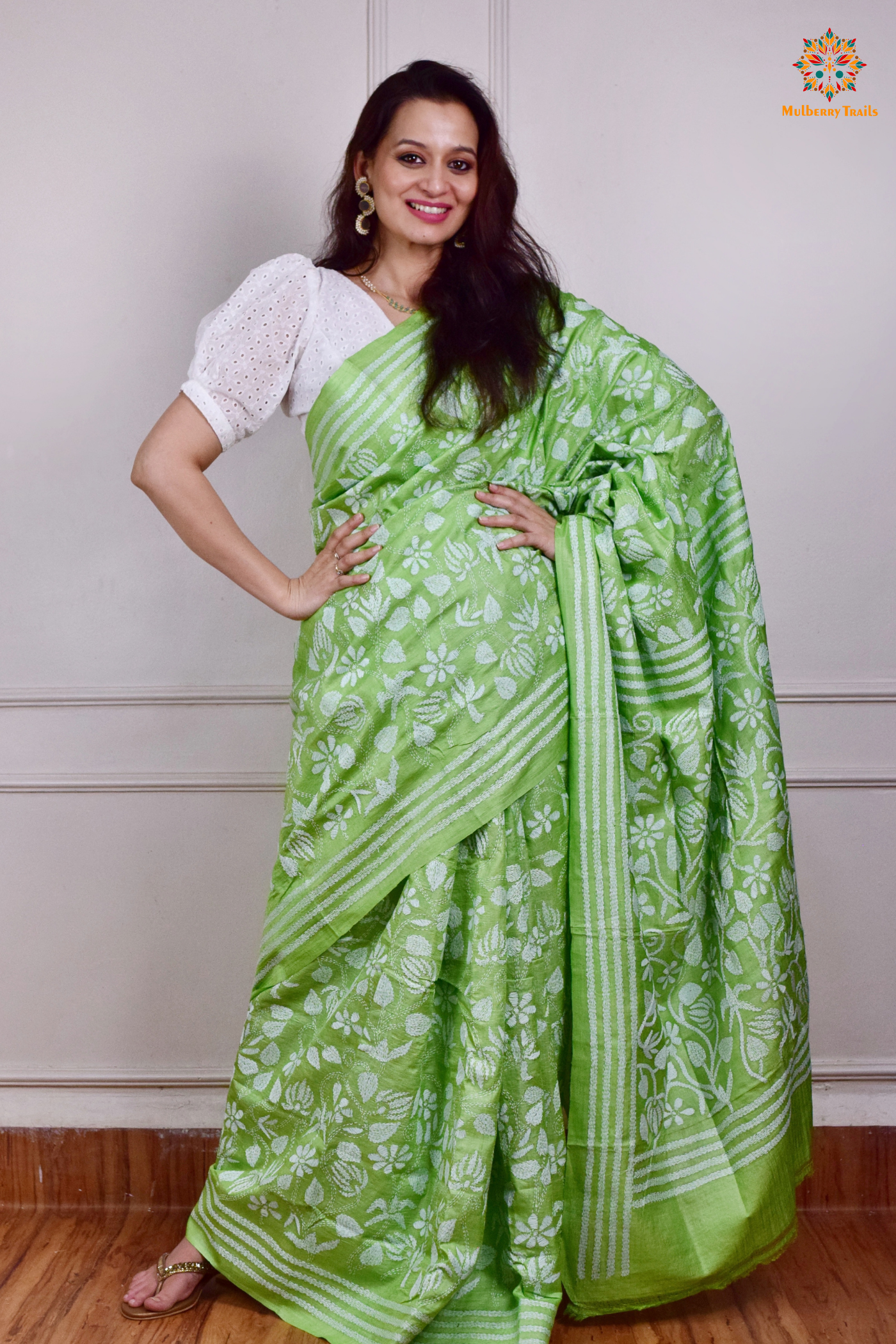 Rima - Mint Green Tusser Silk Saree with all over Kantha Embroidery