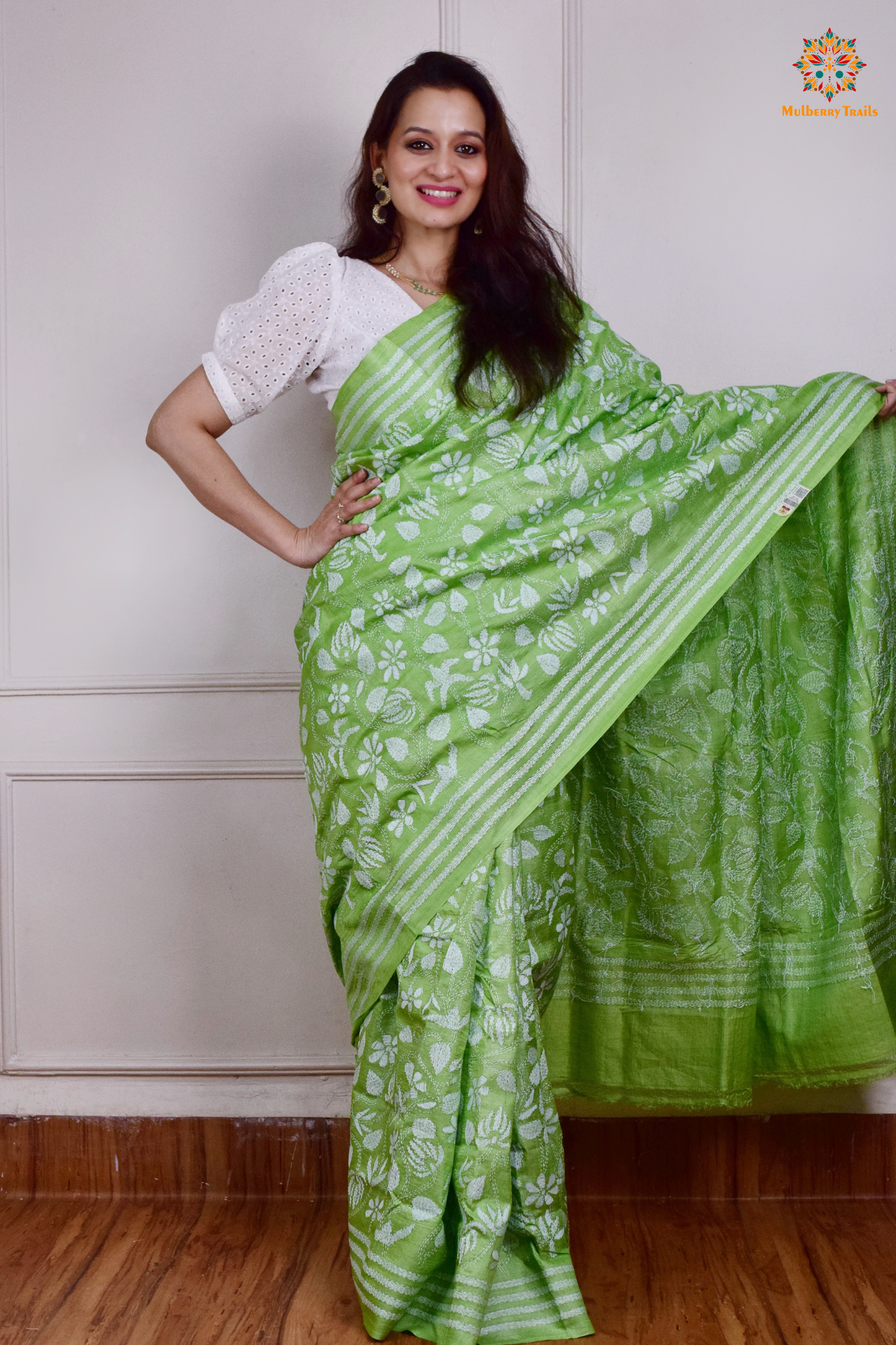 Rima - Mint Green Tusser Silk Saree with all over Kantha Embroidery