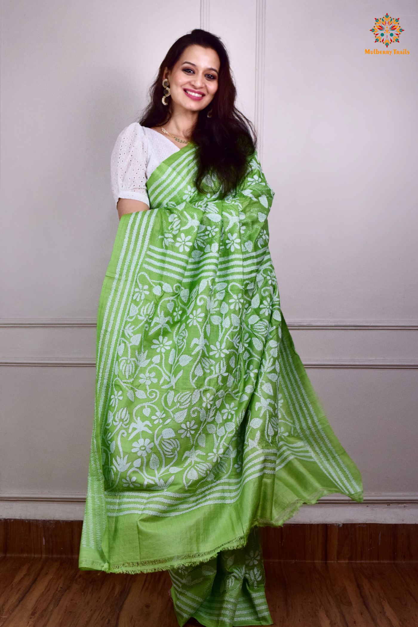 Rima - Mint Green Tusser Silk Saree with all over Kantha Embroidery