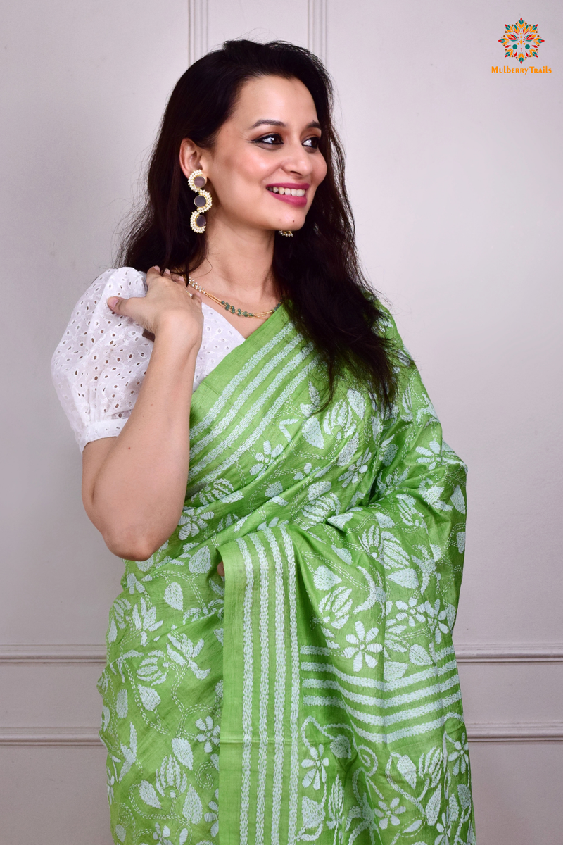 Rima - Mint Green Tusser Silk Saree with all over Kantha Embroidery