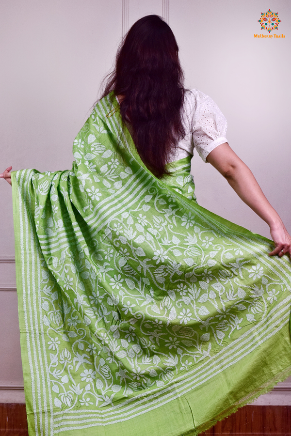 Rima - Mint Green Tusser Silk Saree with all over Kantha Embroidery