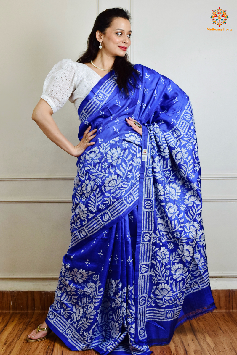 Rima - Tusser Silk Saree with all over Kantha Embroidery