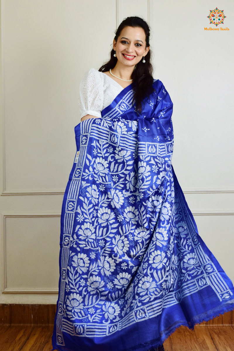 Rima - Tusser Silk Saree with all over Kantha Embroidery