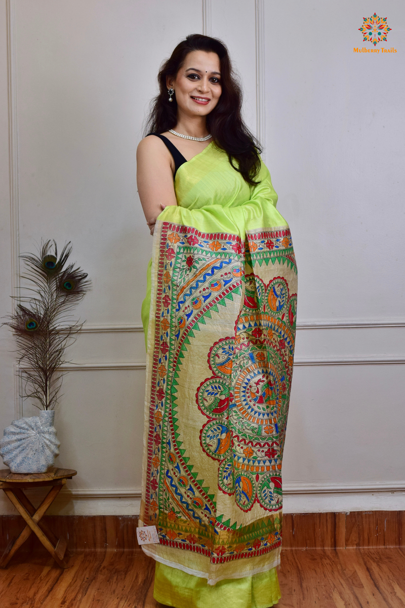 Pavani - Staple Tusser Handpainted Madhubani Saree- Lime Green