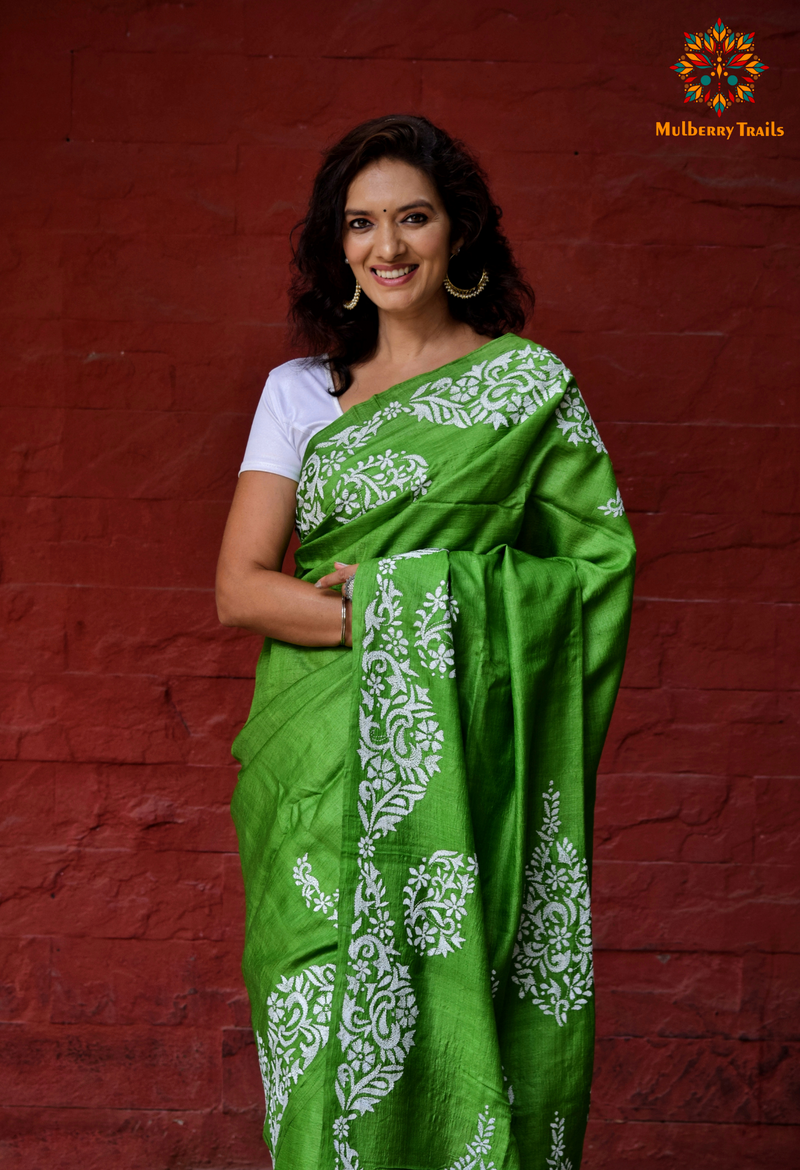 Rima - Pure Tusser Silk Minimalist Embroidery Saree Green