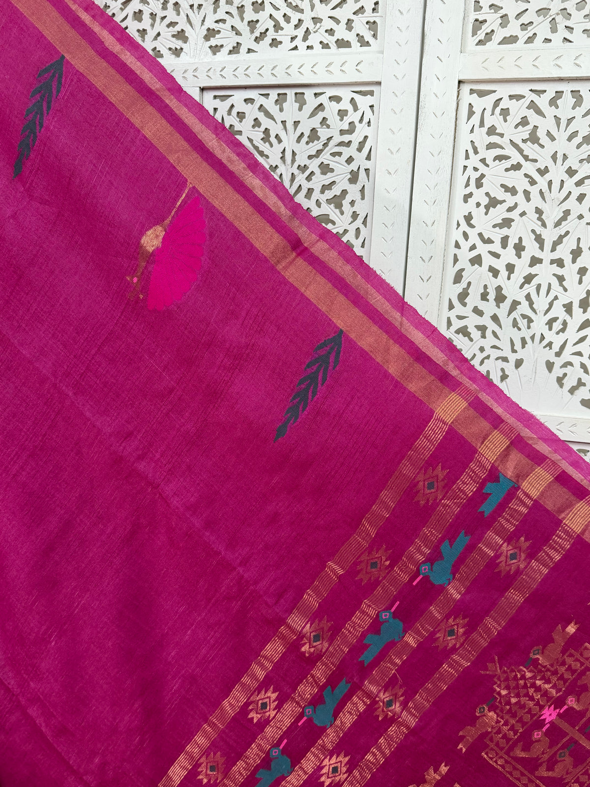 Meghana: Premiun Tusser silk Saree_Pink Bird motif