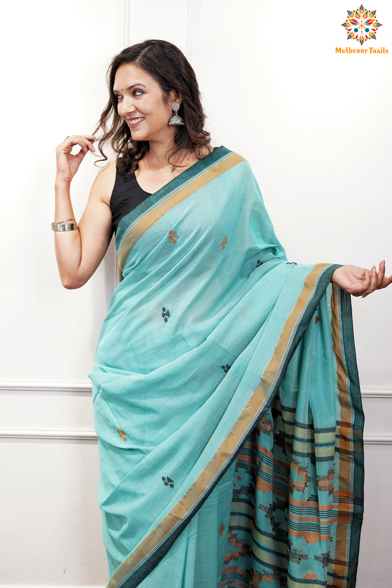 Cotton Handloom Saree
Pure Cotton Saree with for office wear. 
Model is wearing cotton saree for office, day outing, casual wear. 
Handloom saree, handloom mark, handwoven saree
Luxury Pure cotton Saree
Premium Sarees for office wear. sankranti, govt festivals, formal occassions, army events