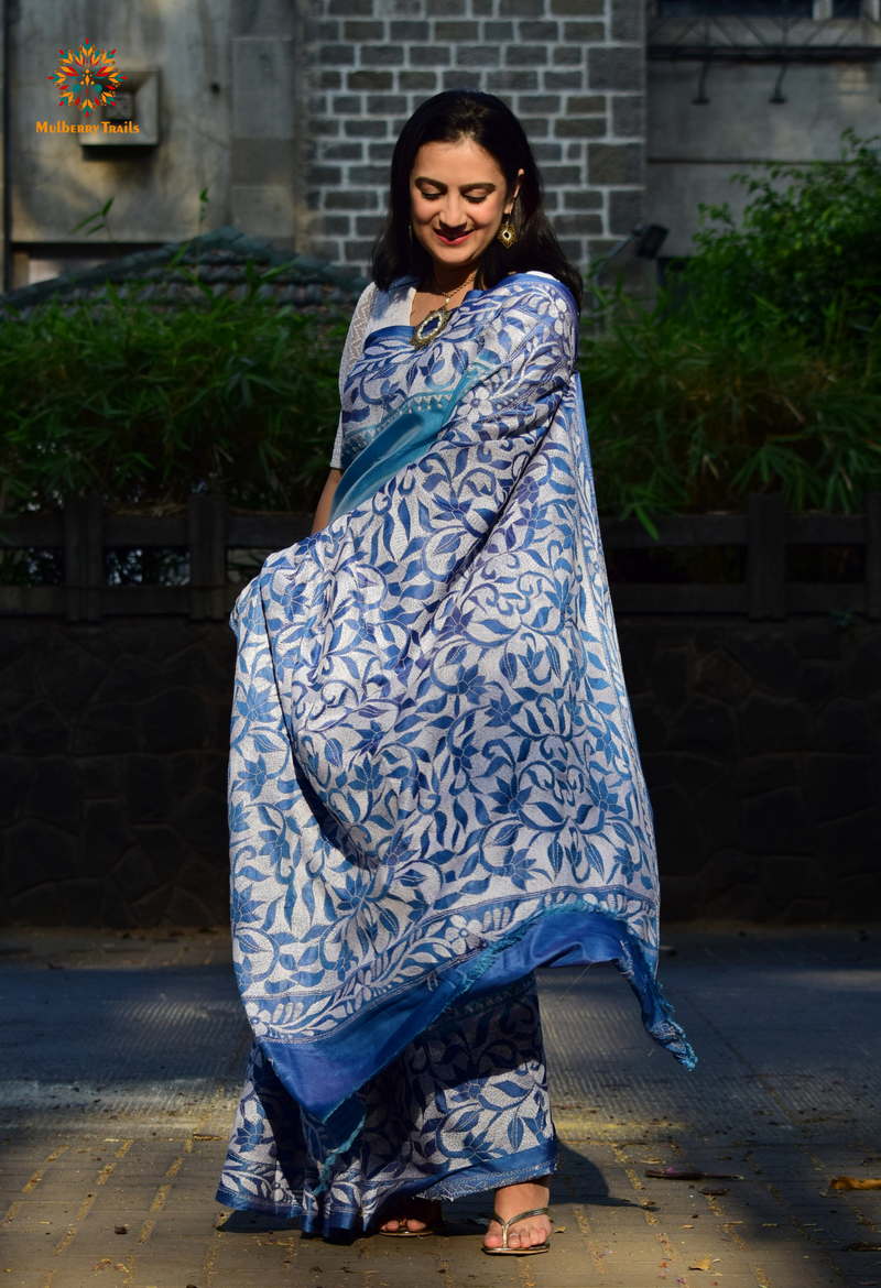 Koyna - Art Silk Kantha Embroidery Saree Blue two tone