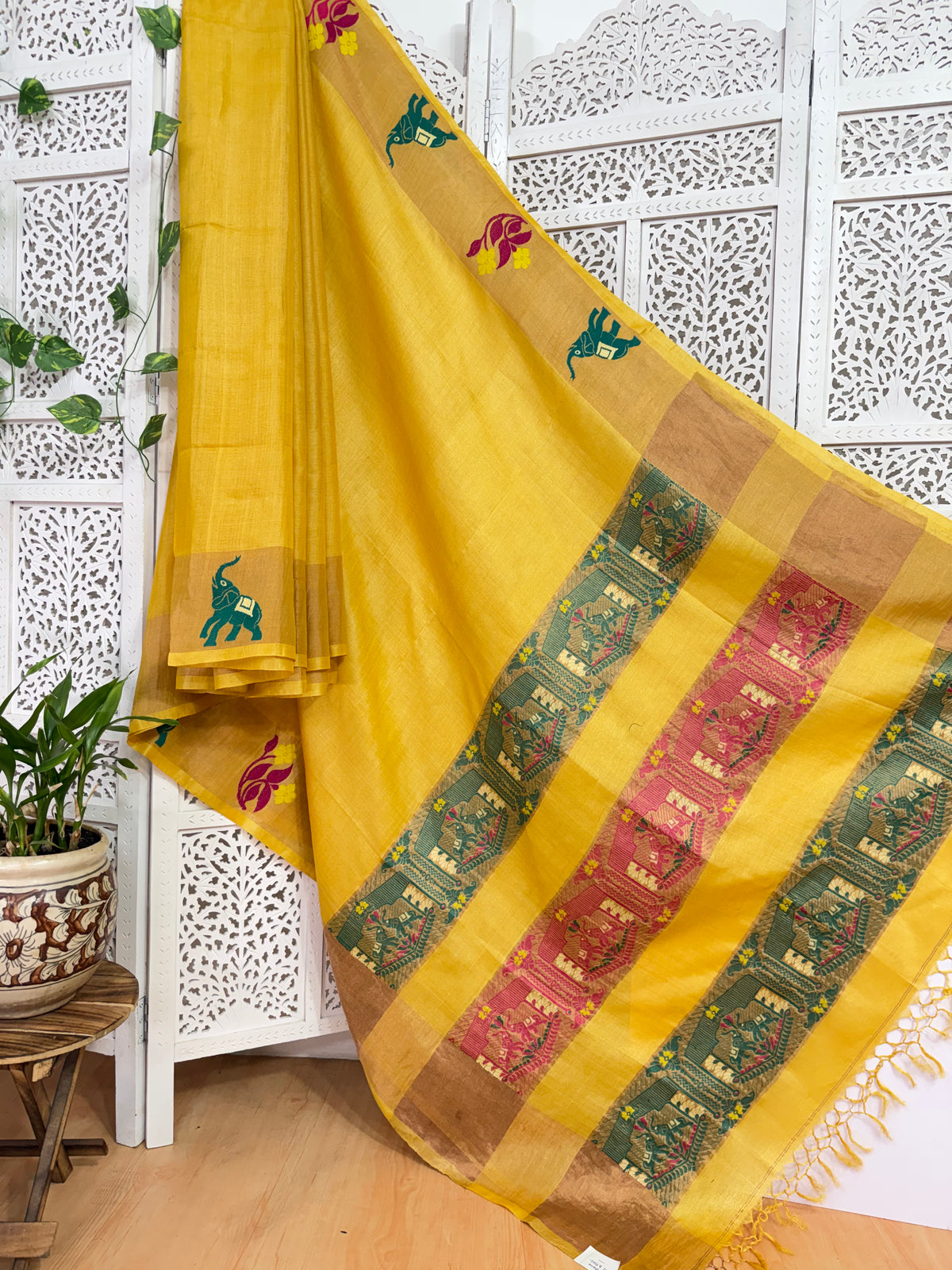 Meghana: Premiun Tusser silk Saree_yellow elephant motif