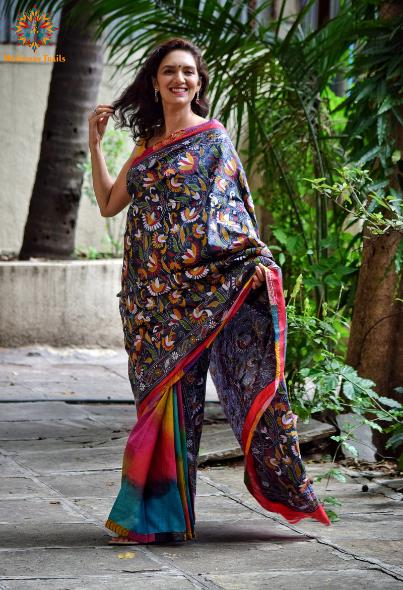 Rima - Grey Multicolor Ghhachi Tusser Silk Kantha Embroidery Saree