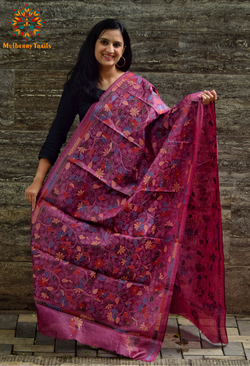 Hand Embroidered Silk Kantha Dupatta - Purple