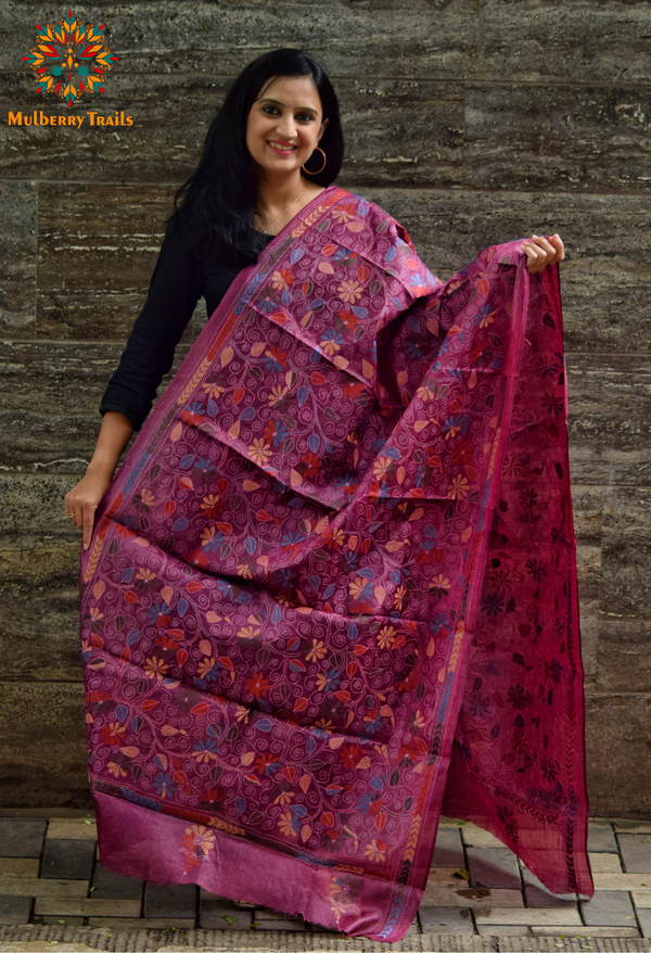Hand Embroidered Silk Kantha Dupatta - Purple