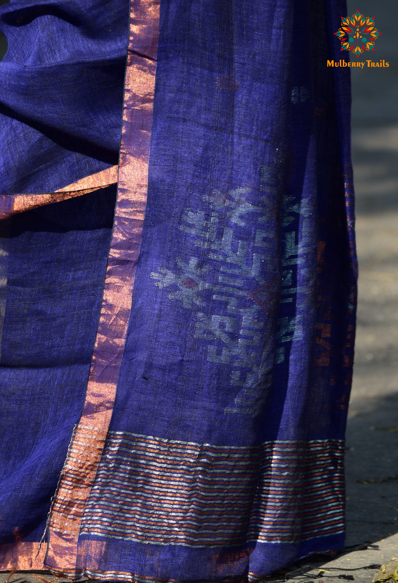 Gautami: Versatile Linen Sarees Blue Copper