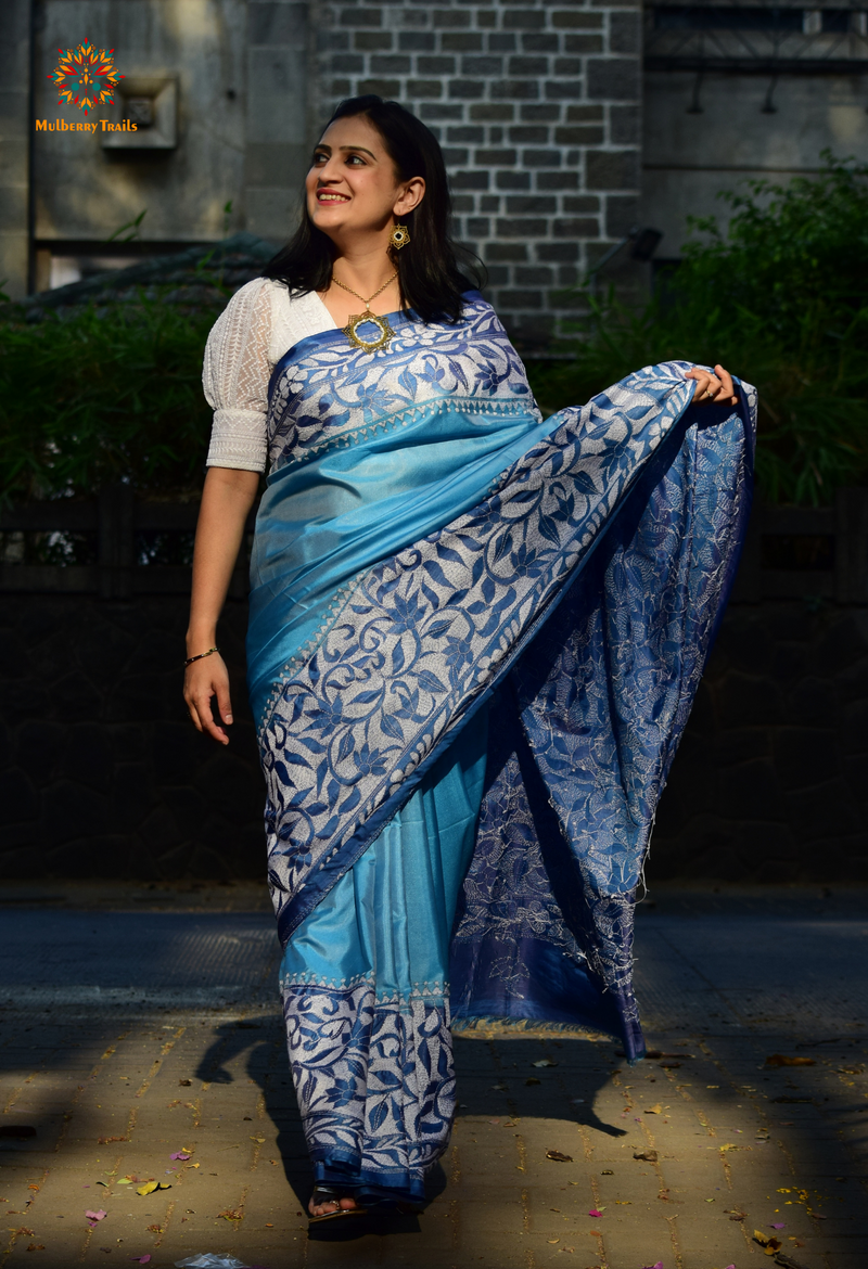 Koyna - Art Silk Kantha Embroidery Saree Blue two tone