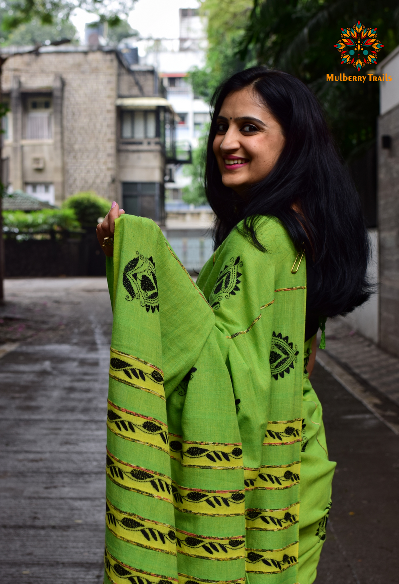Vipas: Cotton Handloom Saree with Kantha Embroidery - Lime