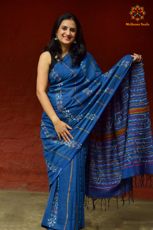 Vipas: Cotton Handloom Saree with Kantha Embroidery