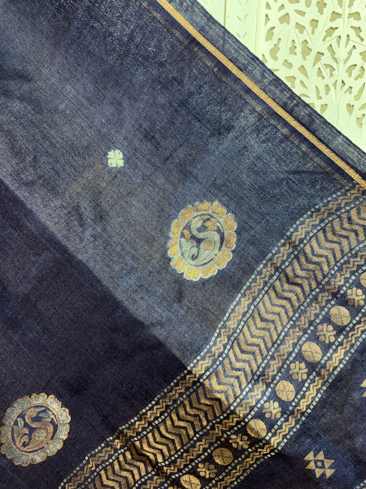 Meghana: Premiun Tusser silk Saree_Deep Blue Swan motif
