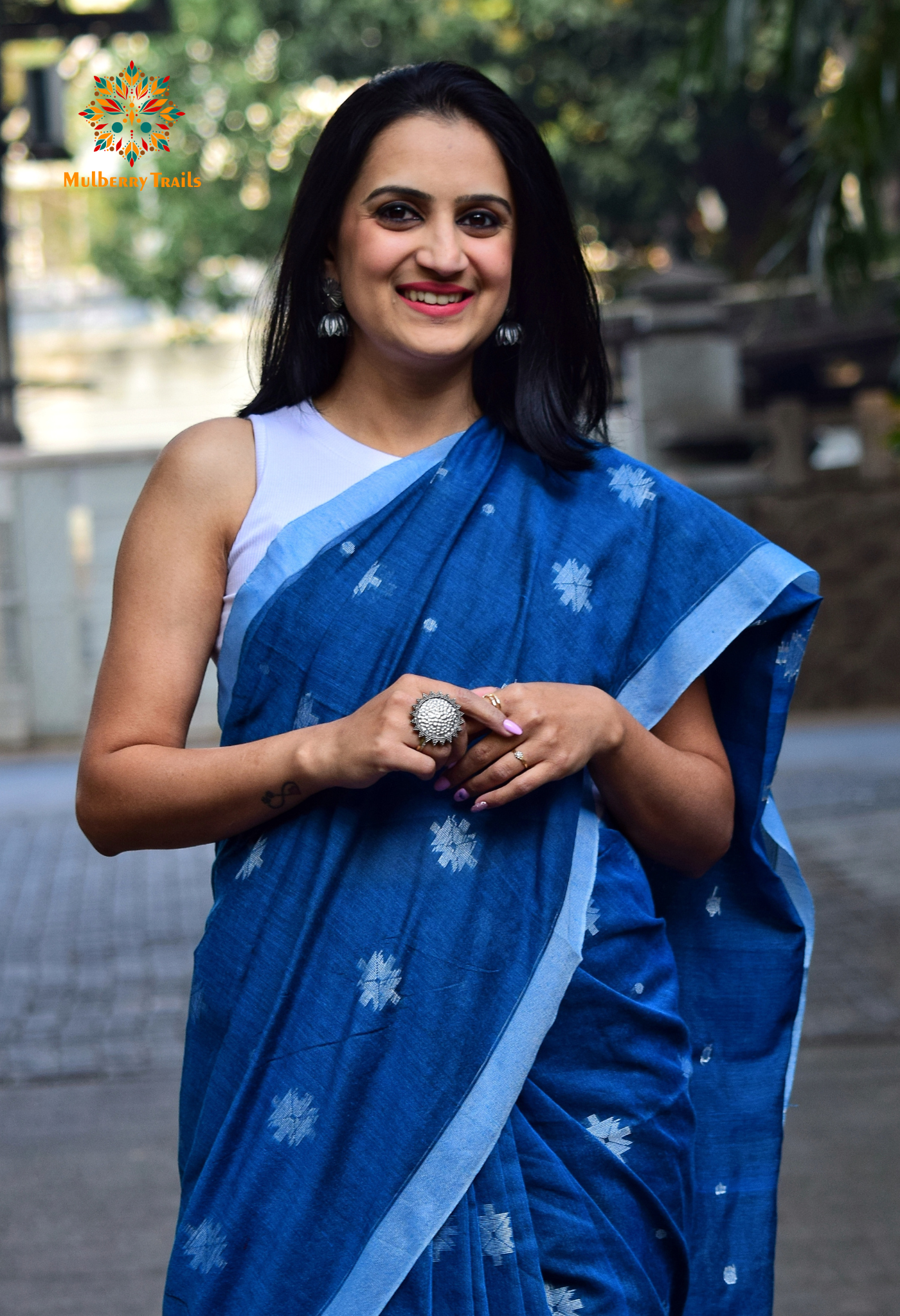 Aravi: Flowy Summer Cotton Saree Denim Blue