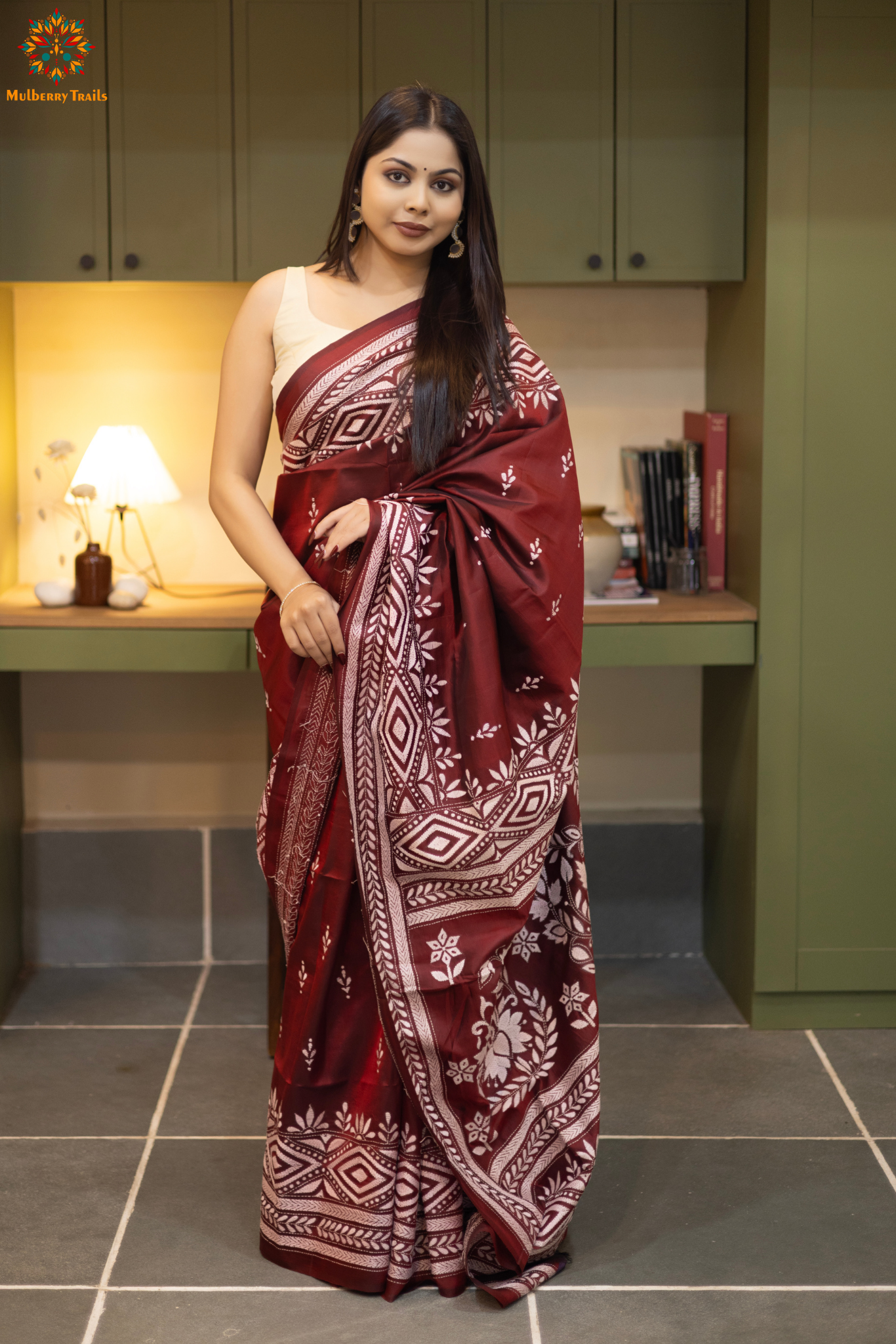 Rima - Maroon Silk Saree with kantha Embroidery