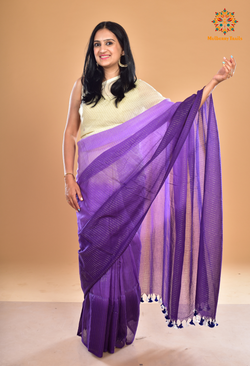 Yami: Mul Cotton zari Stripes Saree _ White Purple