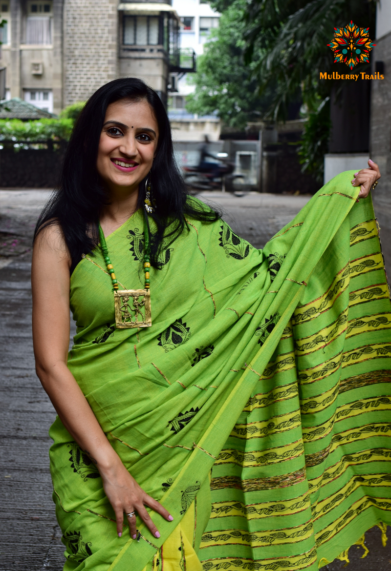 Vipas: Cotton Handloom Saree with Kantha Embroidery - Lime