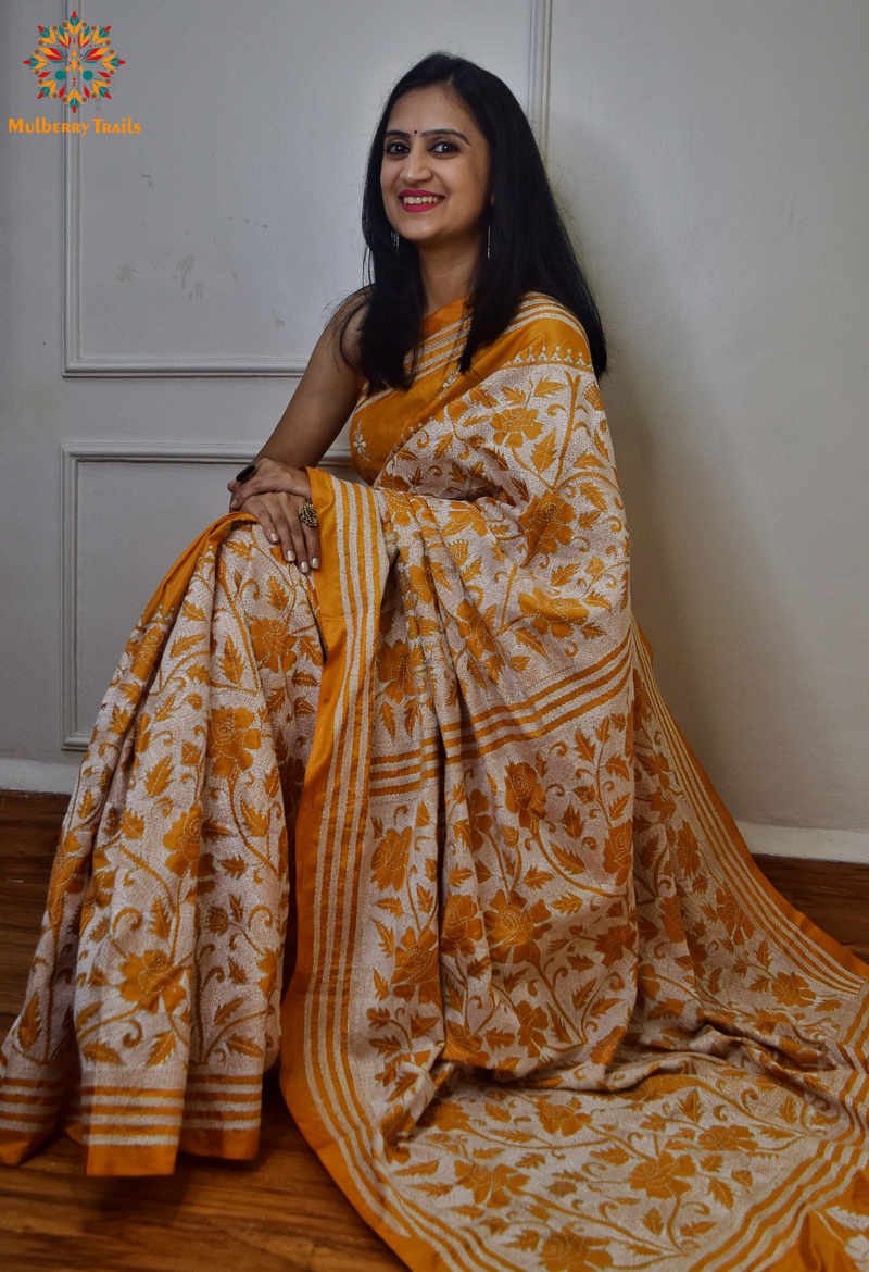 Koyna - Art Silk Reverse Kantha Embroidery Saree