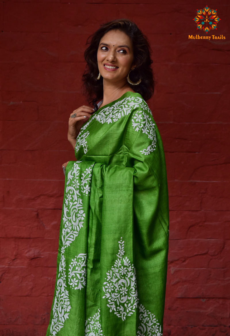 Rima - Pure Tusser Silk Minimalist Embroidery Saree Green