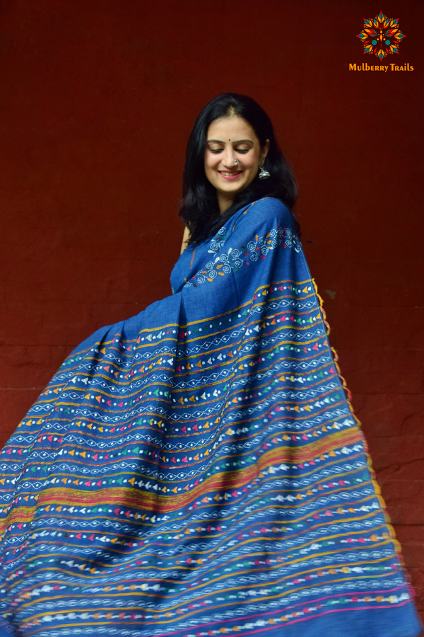 Vipas: Cotton Handloom Saree with Kantha Embroidery