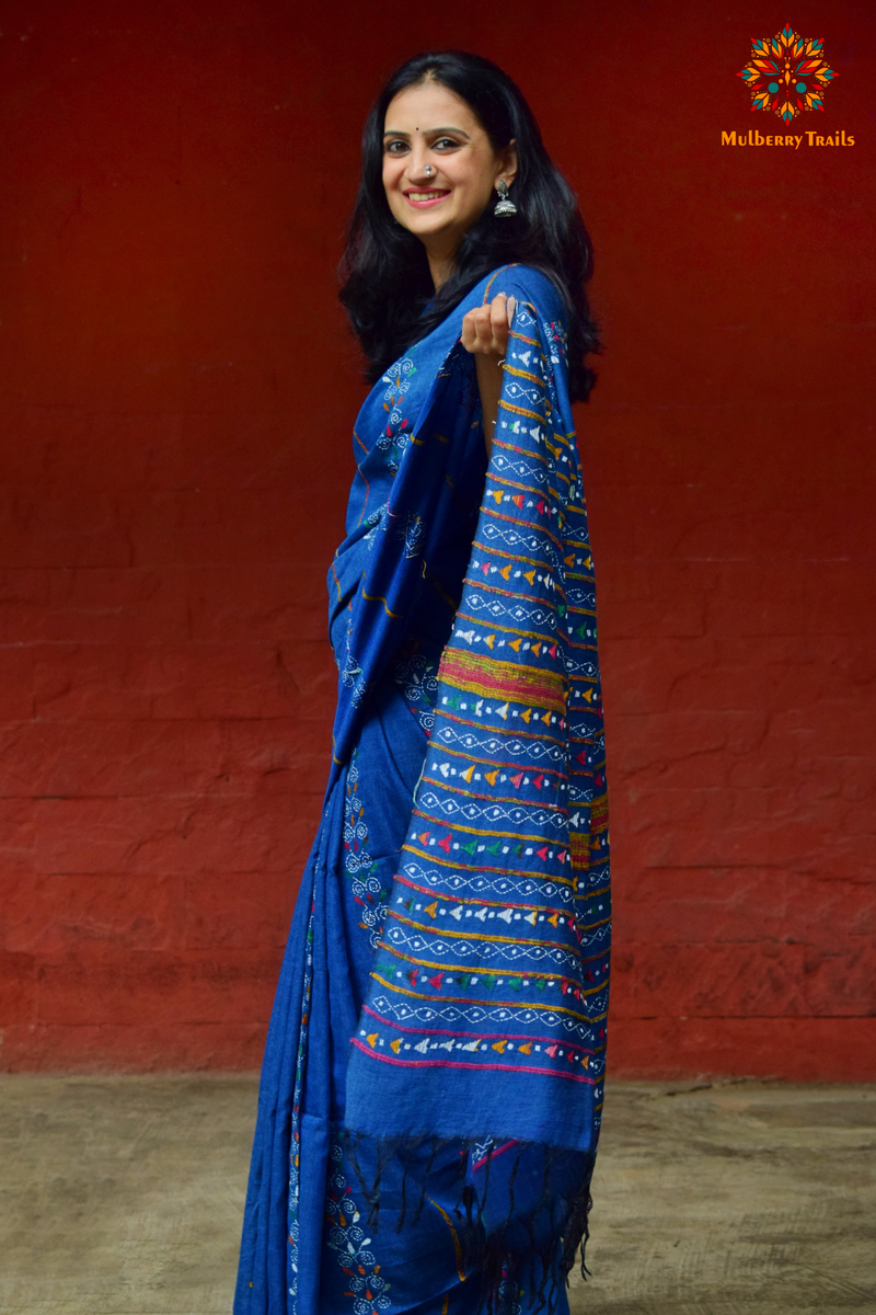 Vipas: Cotton Handloom Saree with Kantha Embroidery