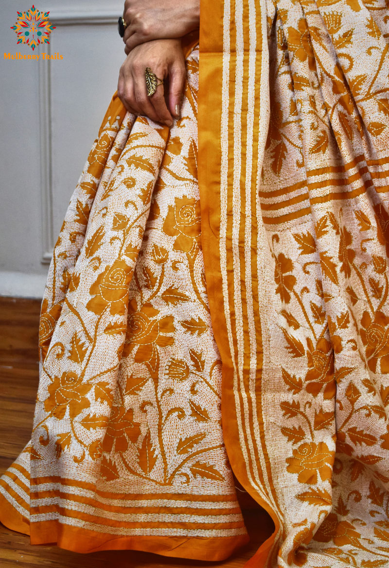 Koyna - Reverse Art Silk Kantha Embroidery Saree