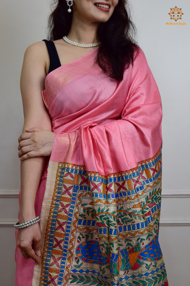 Pavani - Staple Tusser Handpainted Madhubani Saree- Pink