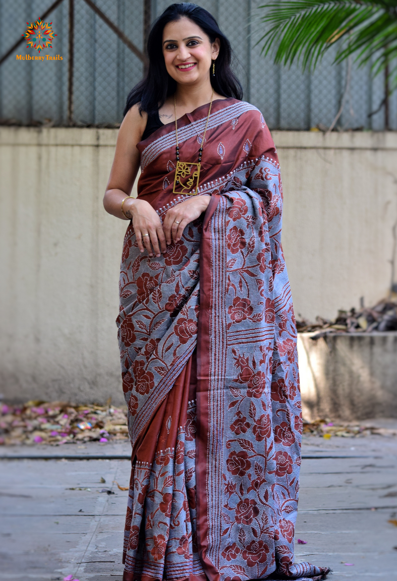 Koyna - Art Silk Kantha Embroidery Saree Cocoa Grey