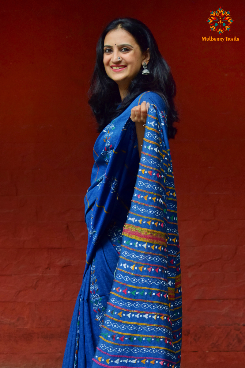 Vipas: Cotton Handloom Saree with Kantha Embroidery