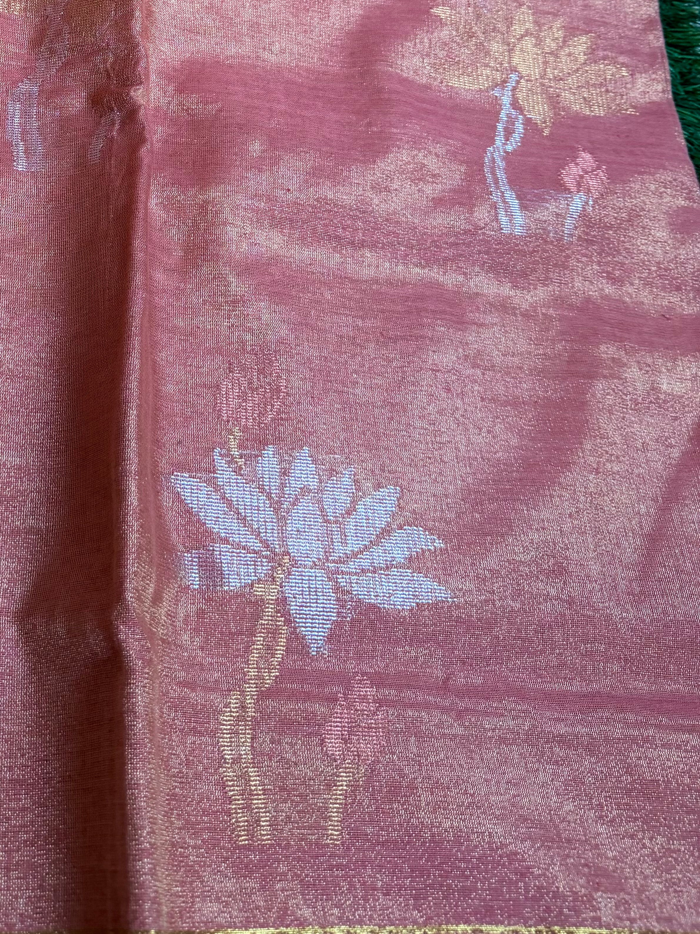 Linen tissue sarees with lotus motif