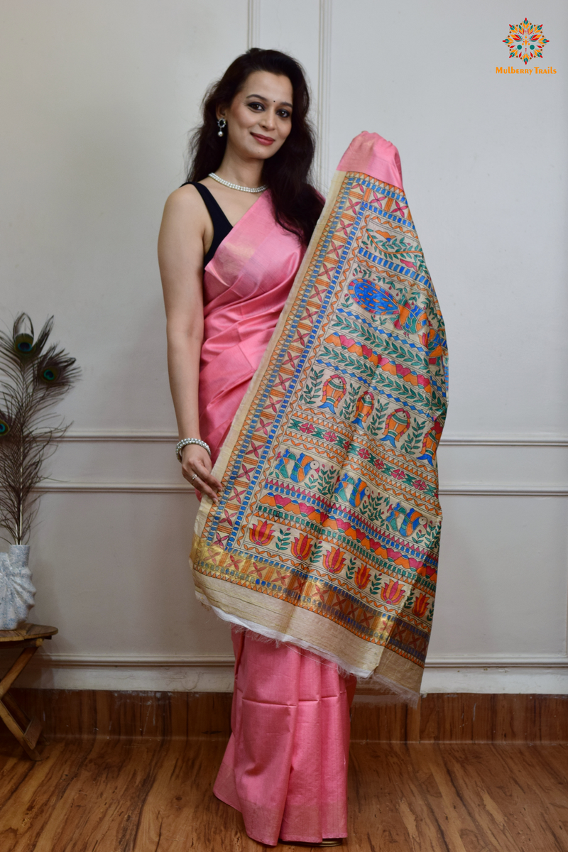 Pavani - Staple Tusser Handpainted Madhubani Saree- Pink