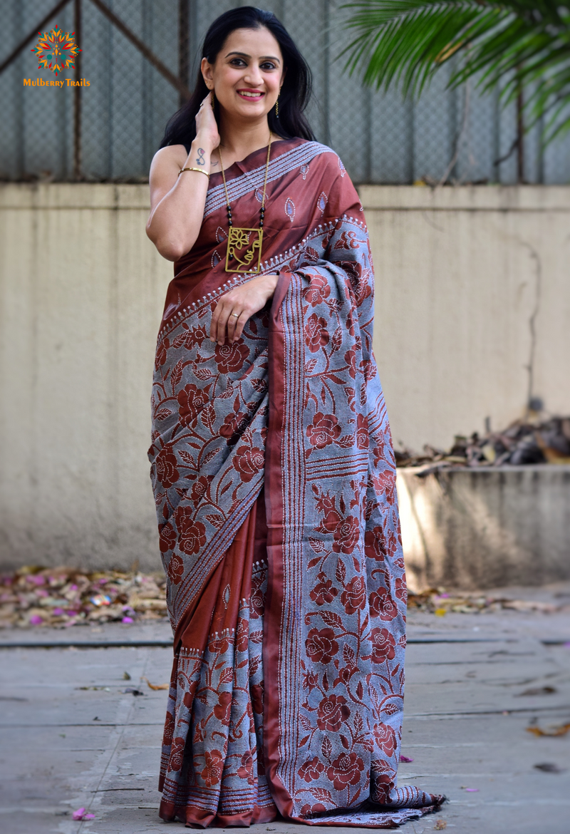 Koyna - Art Silk Kantha Embroidery Saree Cocoa Grey