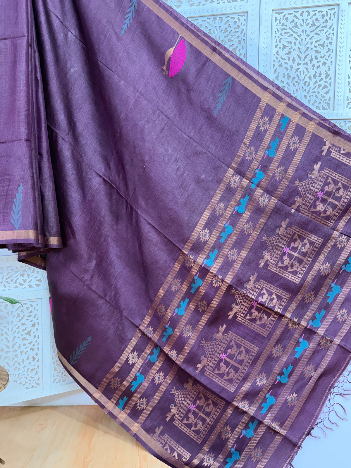 Meghana: Premiun Tusser silk Saree_deep wine Bird motif