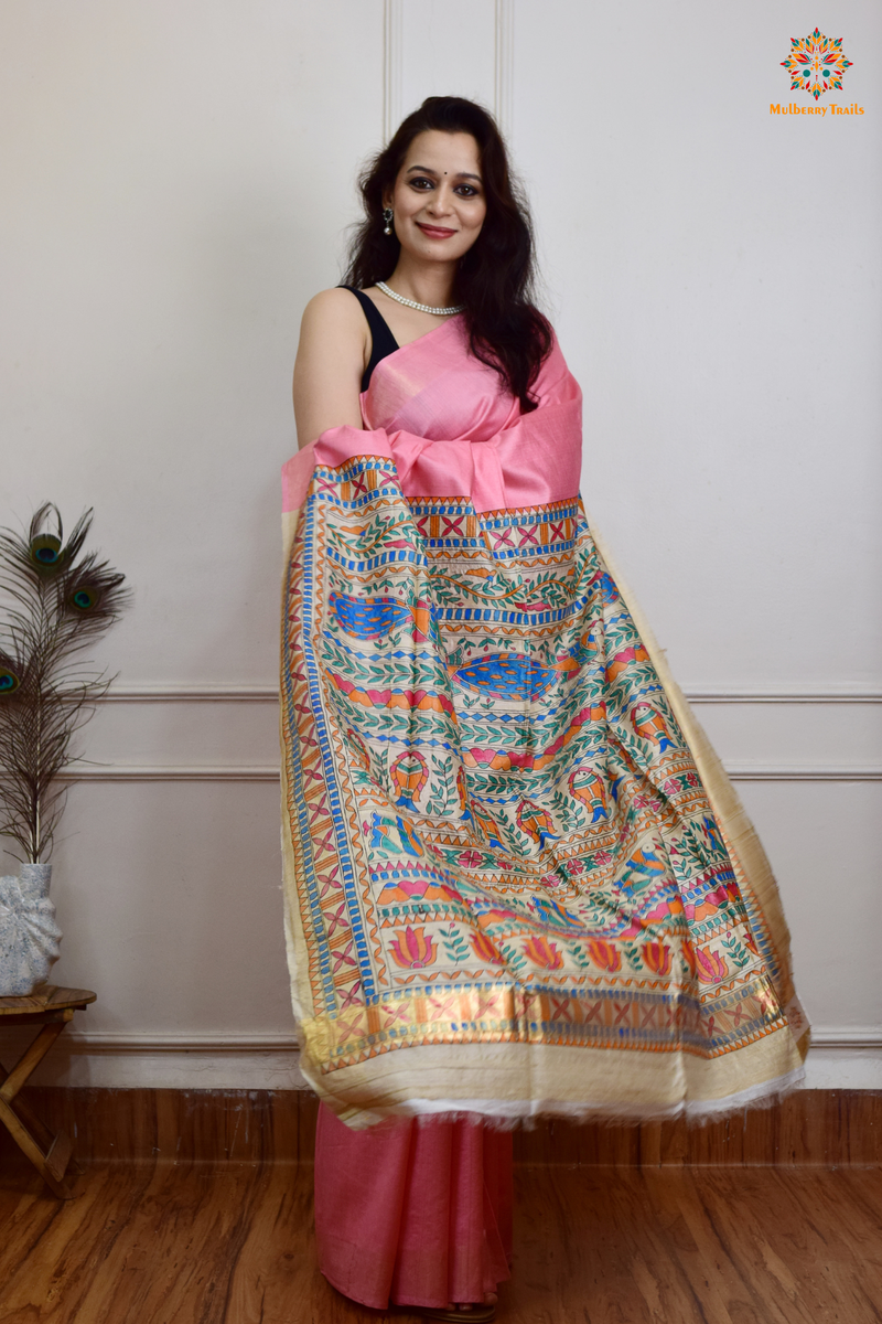 Pavani - Staple Tusser Handpainted Madhubani Saree- Pink