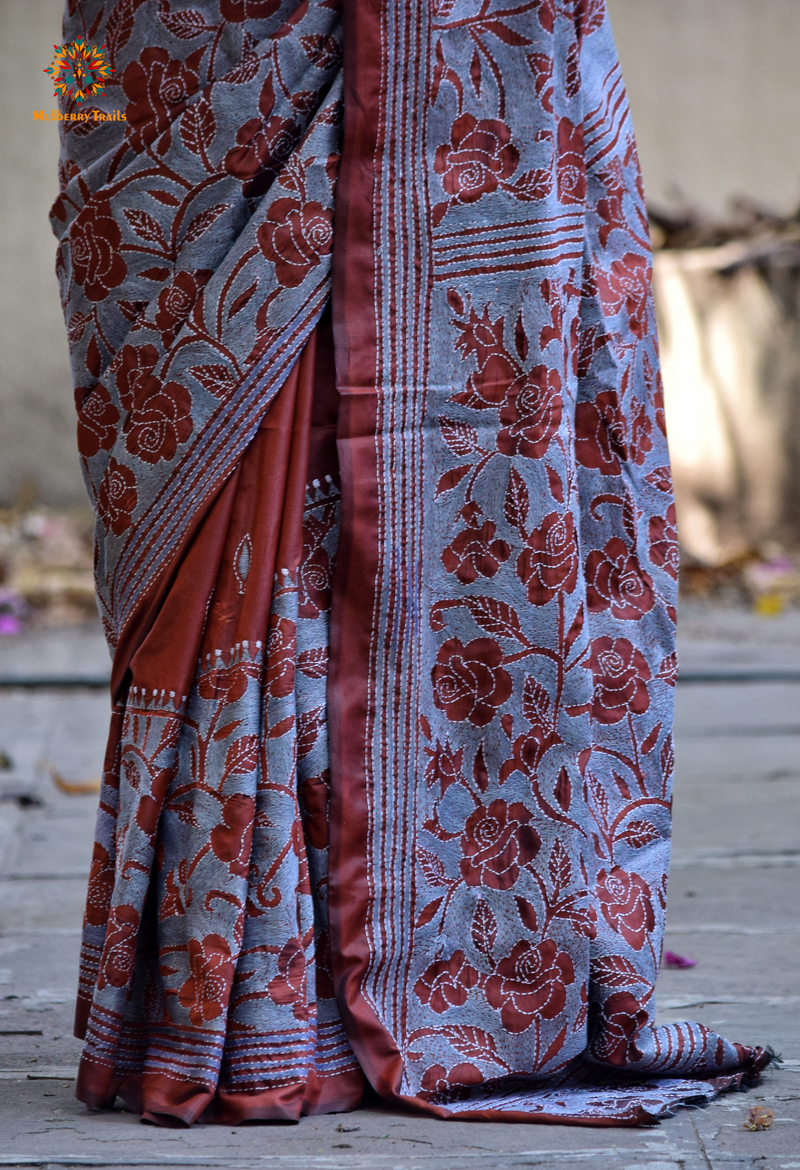 Koyna - Art Silk Kantha Embroidery Saree Cocoa Grey