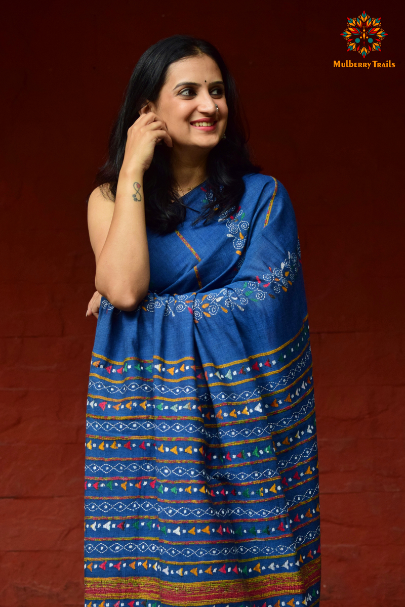 Vipas: Cotton Handloom Saree with Kantha Embroidery