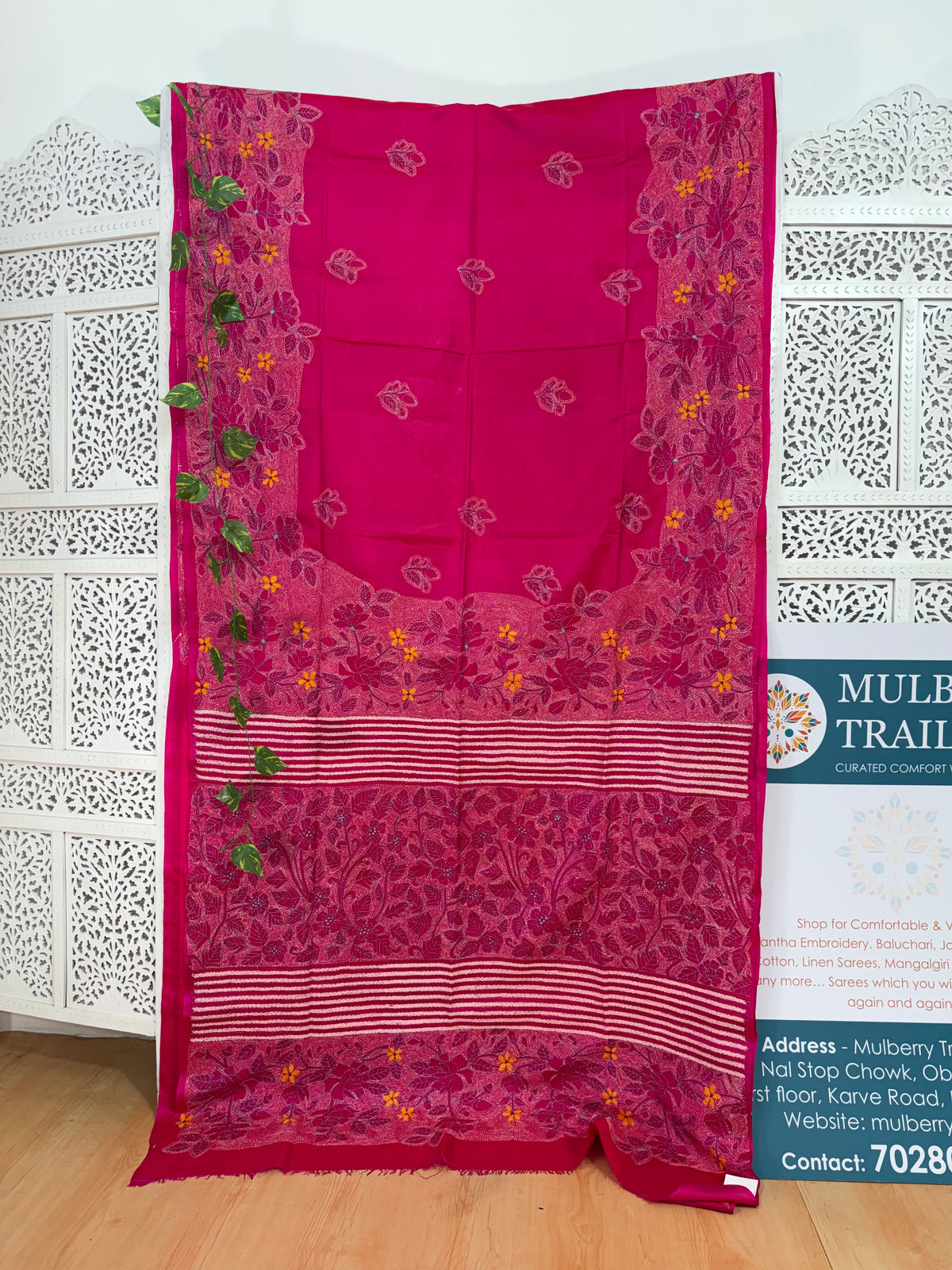 Rima - Bangalore silk saree with kantha embroidery pink