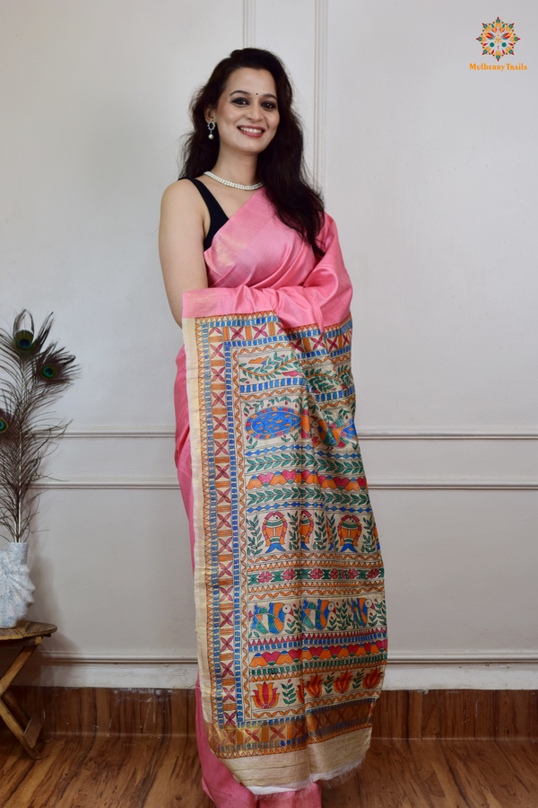 Pavani - Staple Tusser Handpainted Madhubani Saree- Pink