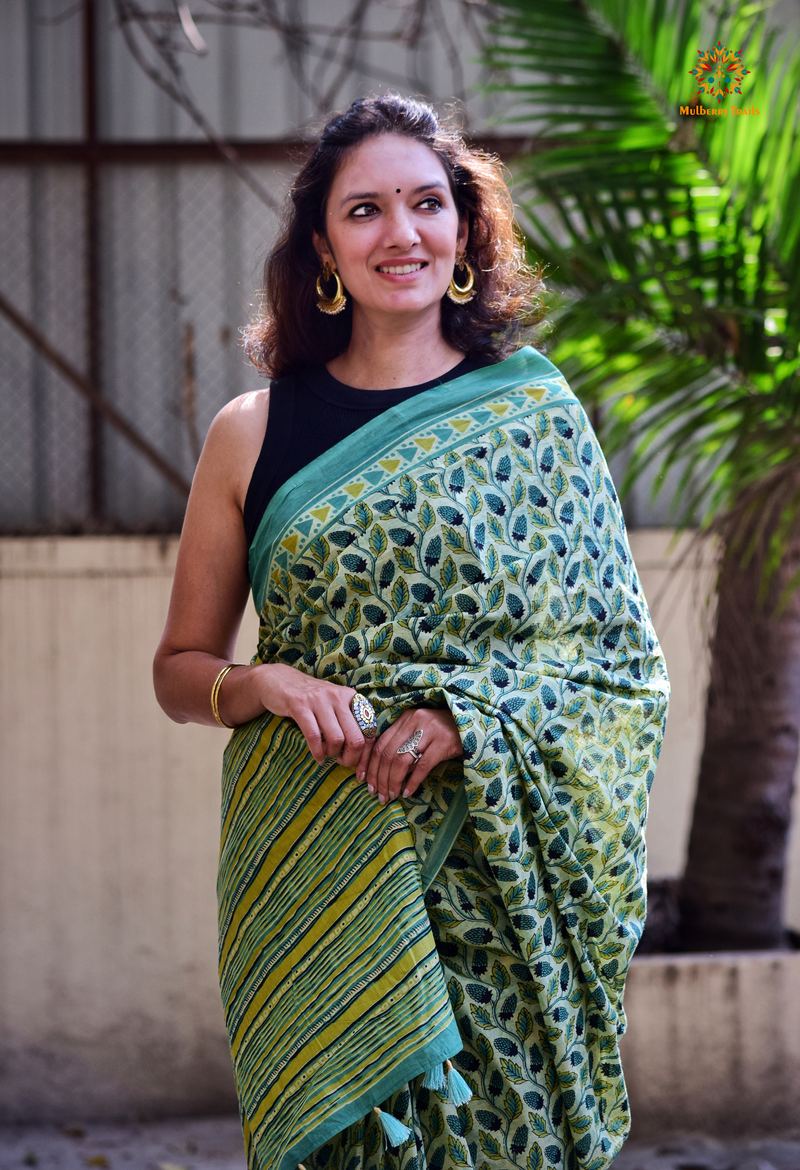 Chitrani: Summer Printed Cotton Sarees Green