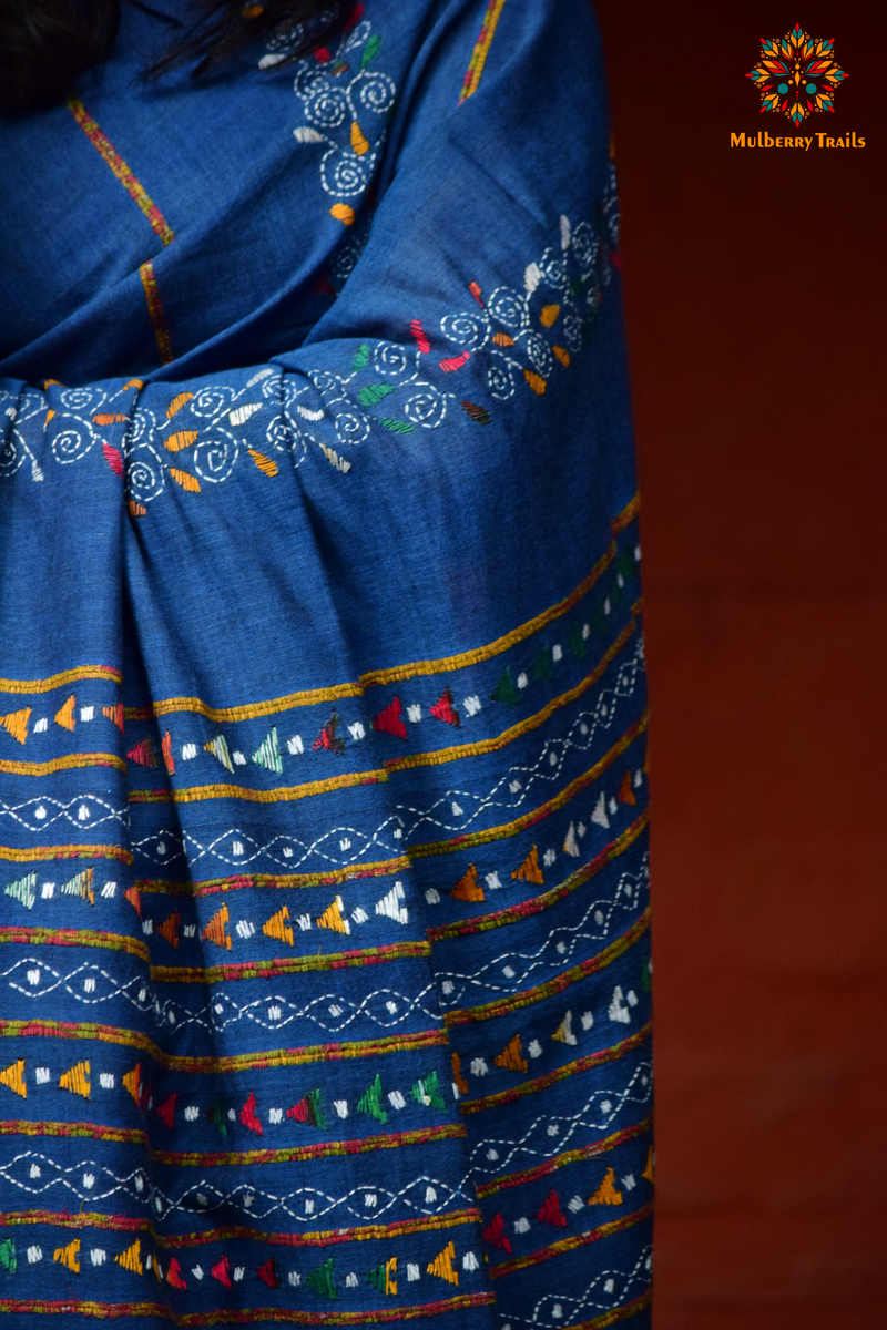 Vipas: Cotton Handloom Saree with Kantha Embroidery