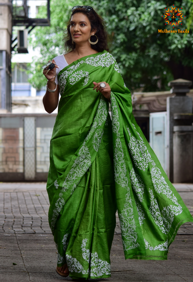 Rima - Pure Tusser Silk Minimalist Embroidery Saree Green