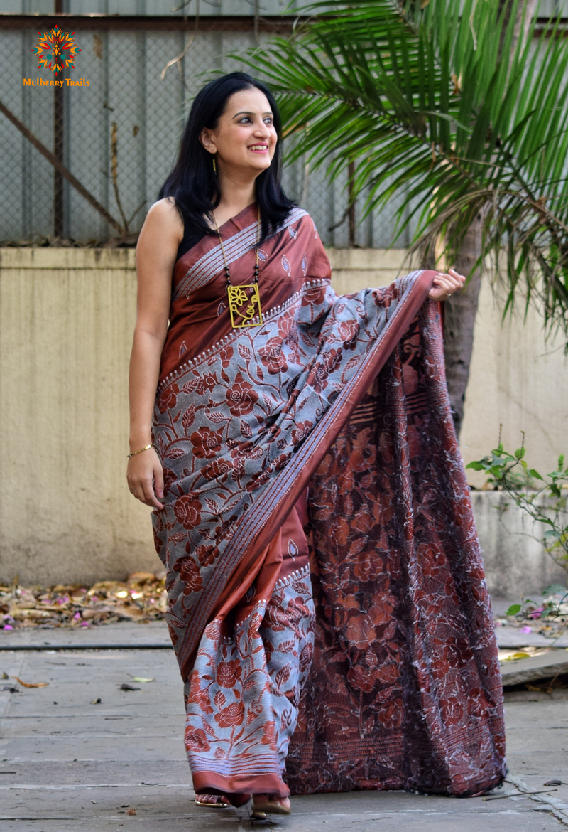 Koyna - Art Silk Kantha Embroidery Saree Cocoa Grey