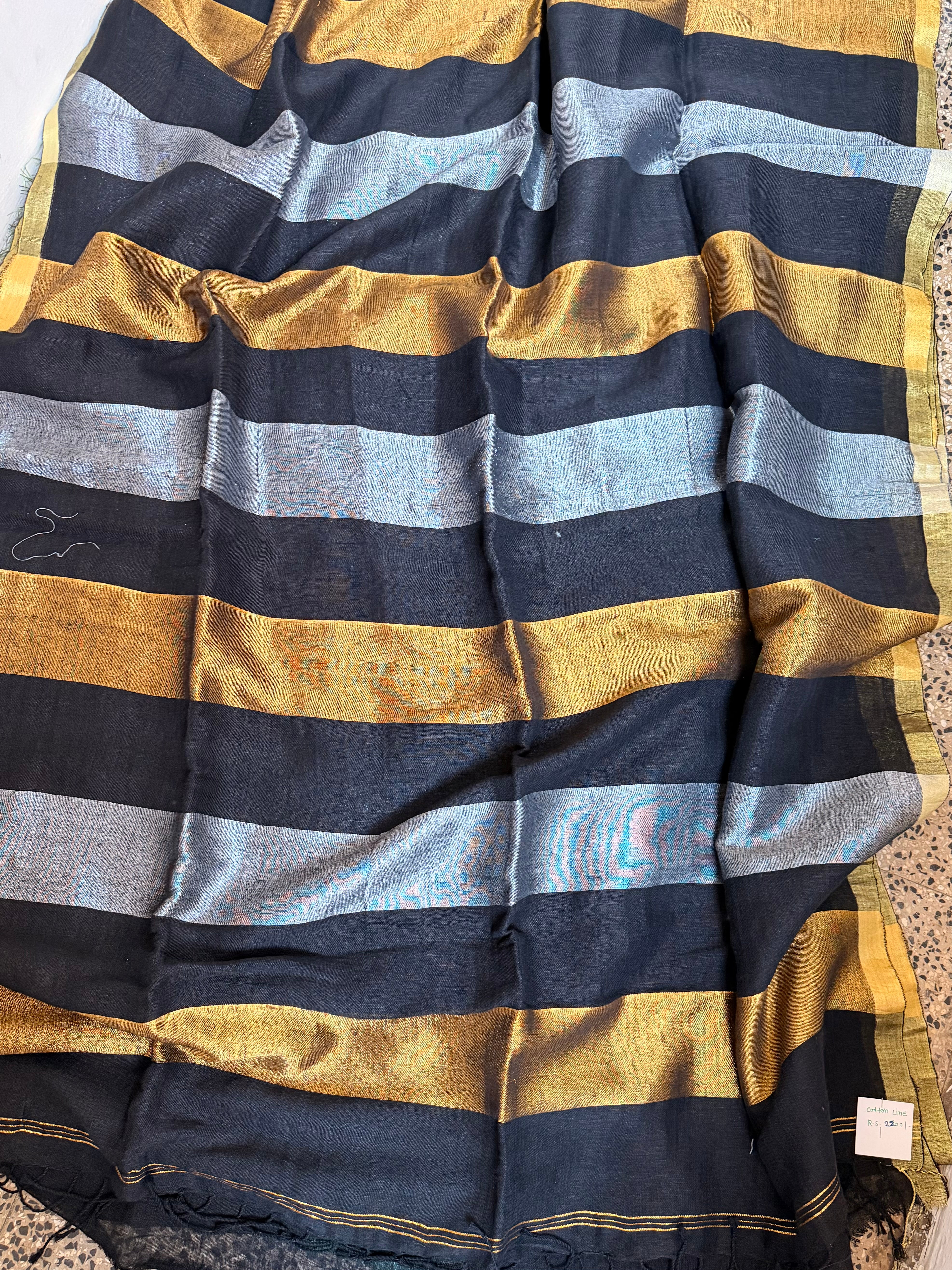 Linen silver golden zari stripes saree