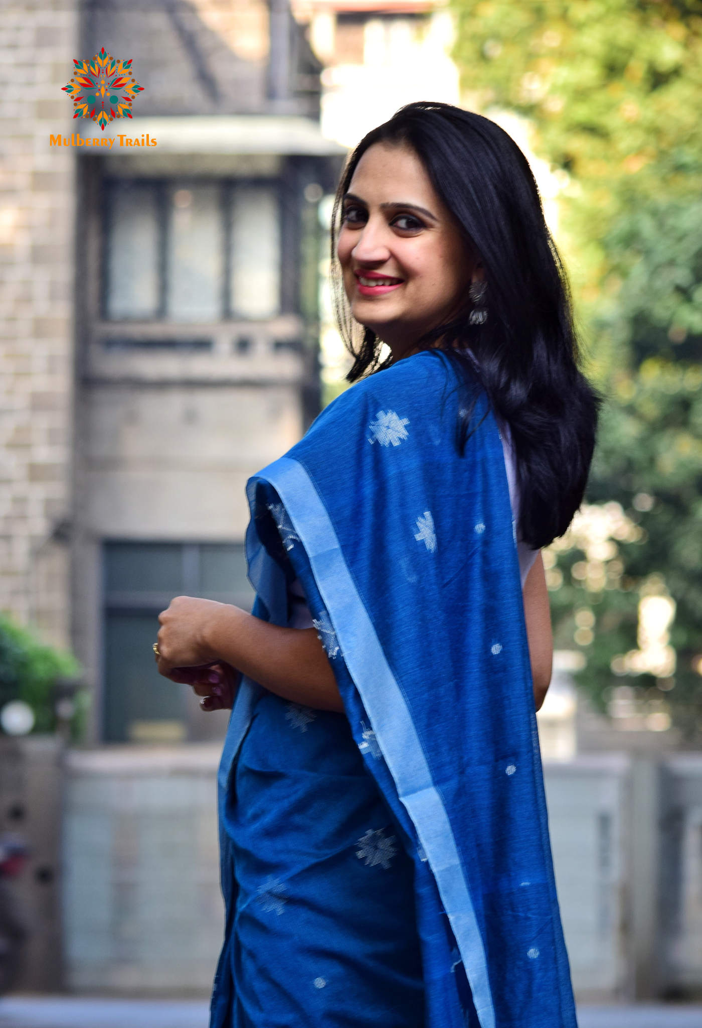 Aravi: Flowy Summer Cotton Saree Denim Blue