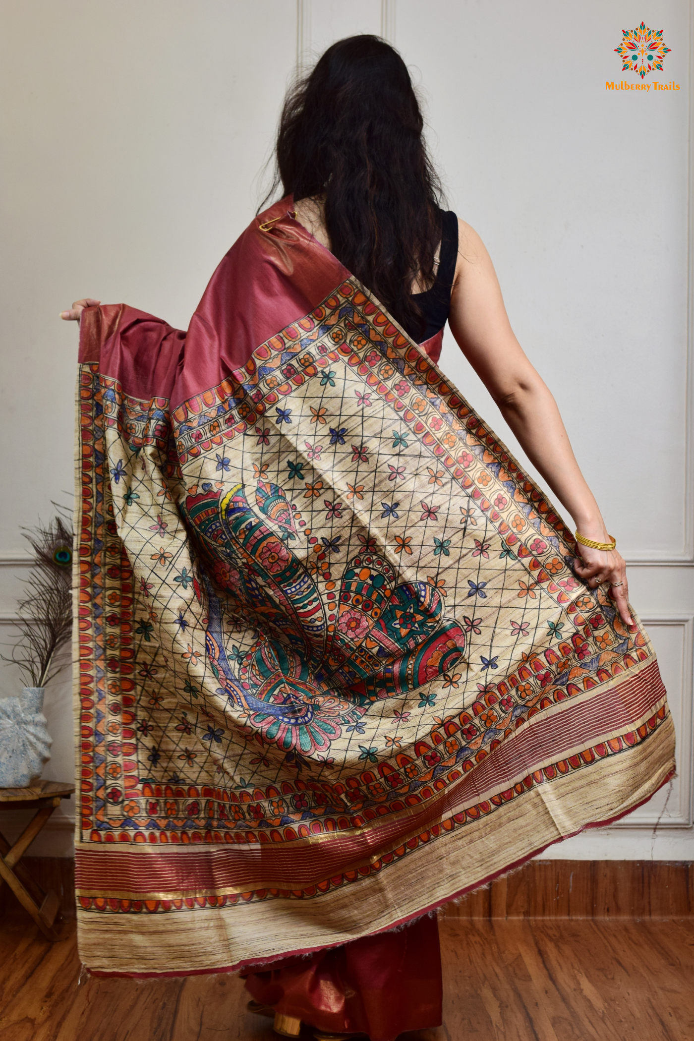 Pavani - Staple Tusser Handpainted Madhubani Saree- light maroon