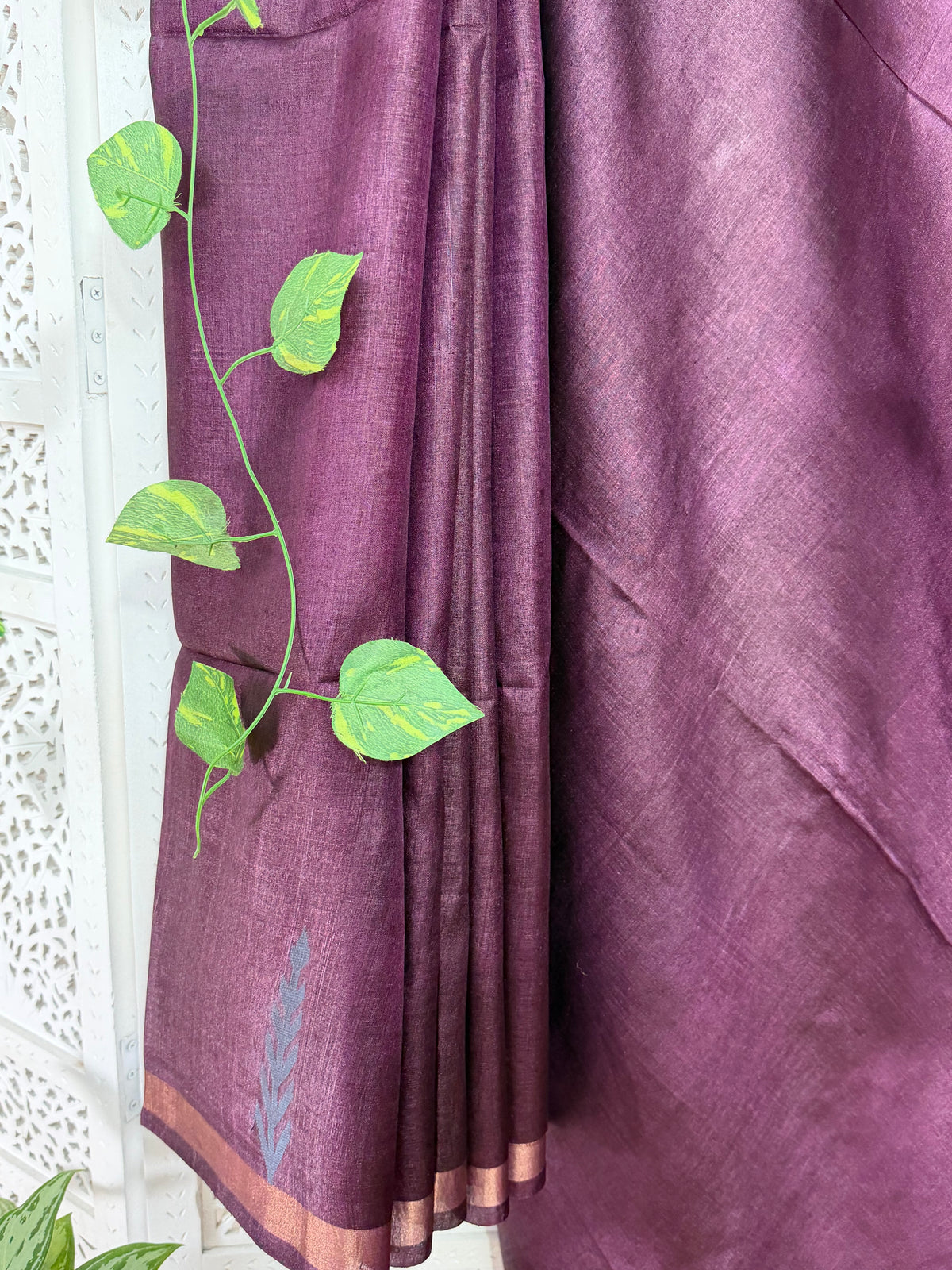 Meghana: Premiun Tusser silk Saree_deep wine Bird motif